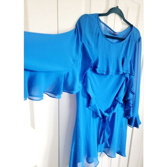 Chico's 3 Black Label Tunic Top XL Royal Blue Asymmetrical Romantic Sheer Ruffle - Picture 2 of 6